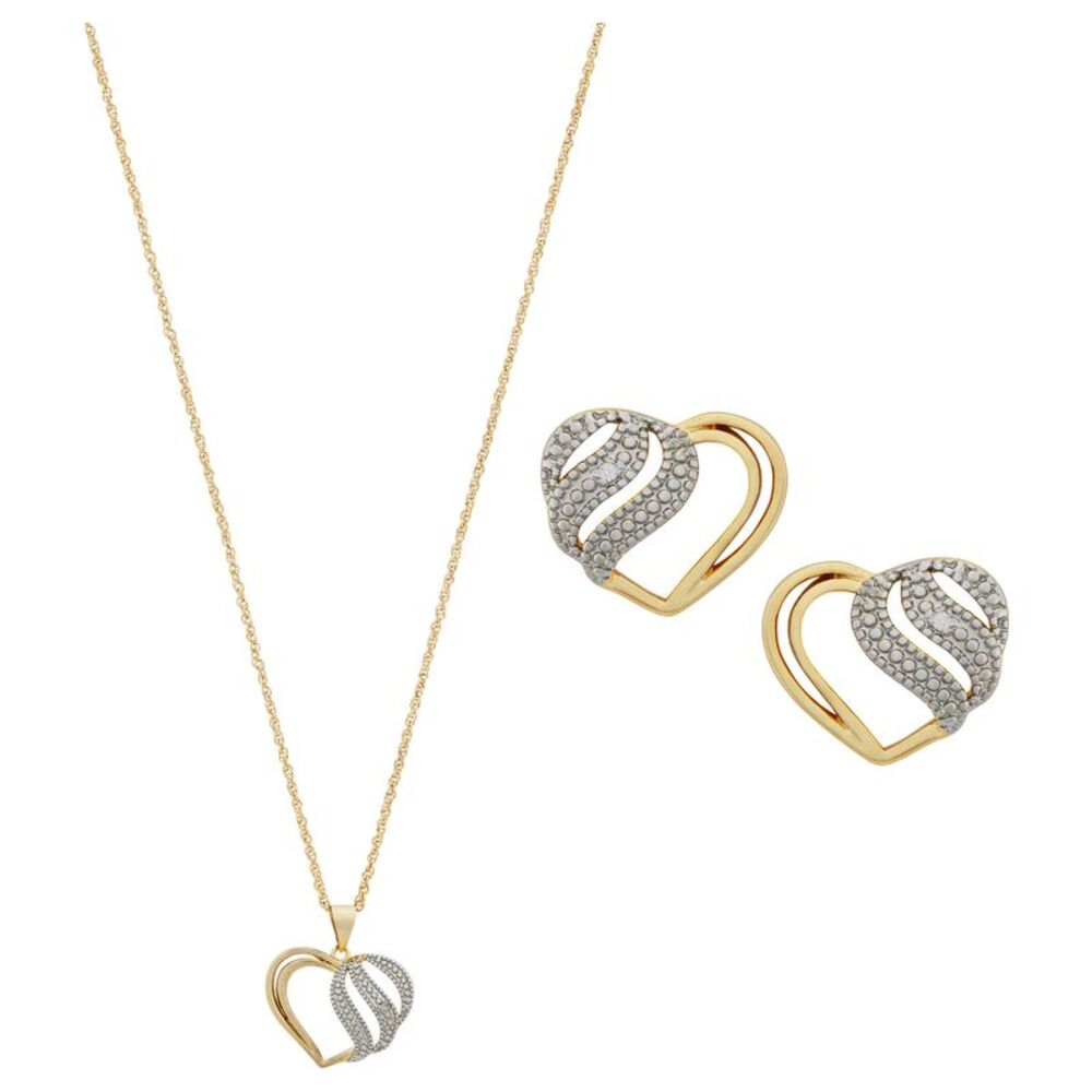 Genuine Diamond Two Tone Heart Pendant Necklace with Earrings Jewelry Set